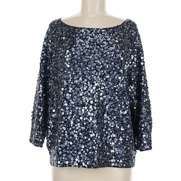 J.Crew 100% Wool Sequin Blouse Sweater 3/4 Sleeves Dark Blue, Navy Size Medium - Picture 1 of 9